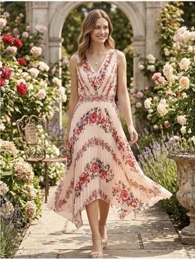 White House Black Market Blush Floral High-Low Pleated Midi Dress Size 8